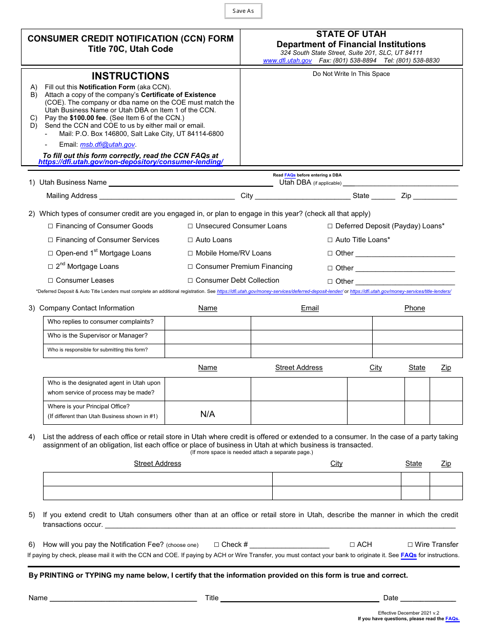 Utah Consumer Credit Notification (Ccn) Form Download Fillable PDF ...