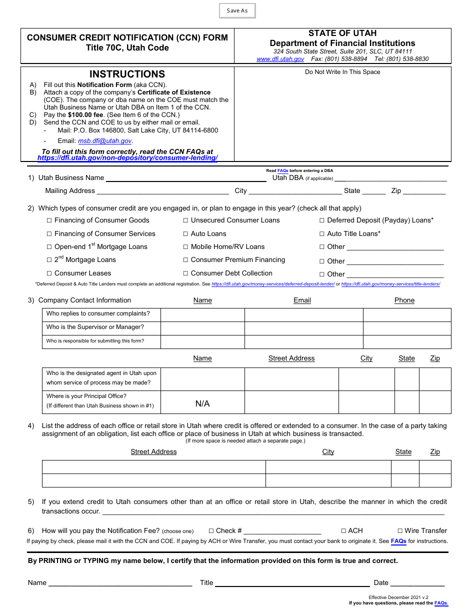 Consumer Credit Notification (Ccn) Form - Utah, Page 1