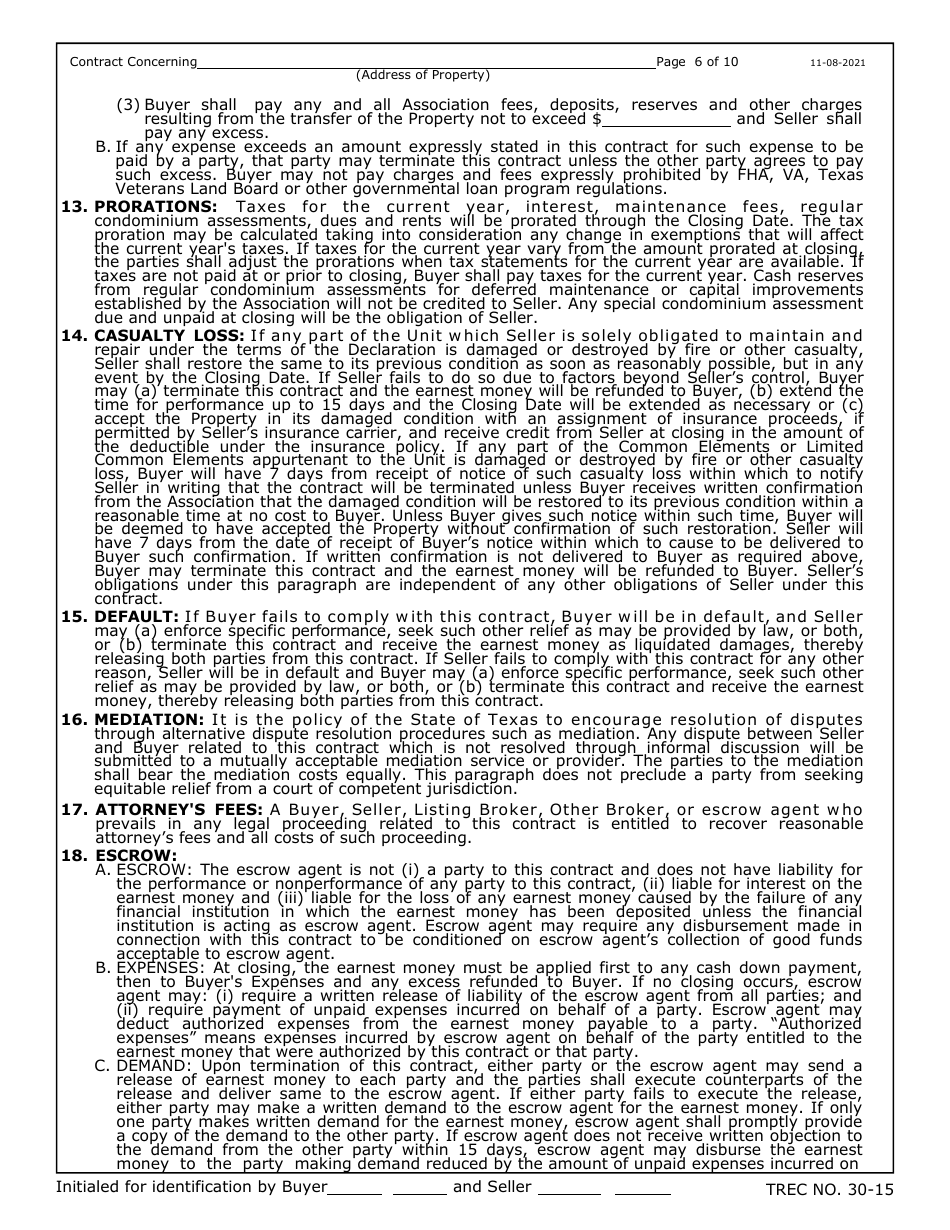 TREC Form 30-15 Residential Condominium Contract (Resale) - Texas, Page 6