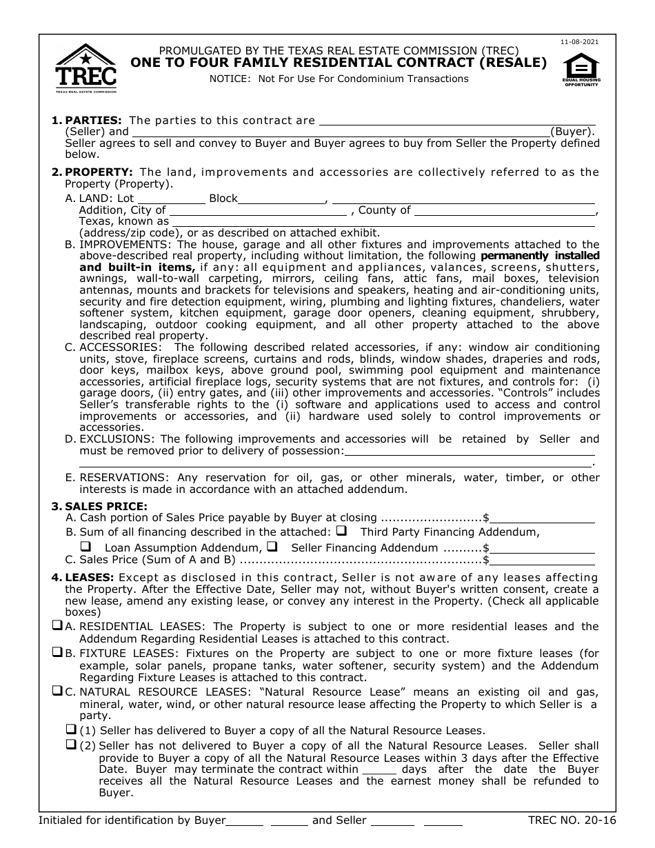 TREC Form 20-16 One to Four Family Residential Contract (Resale) - Texas, Page 1