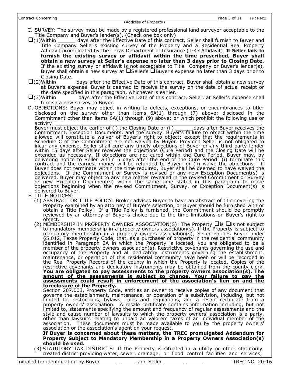 TREC Form 20-16 One to Four Family Residential Contract (Resale) - Texas, Page 3