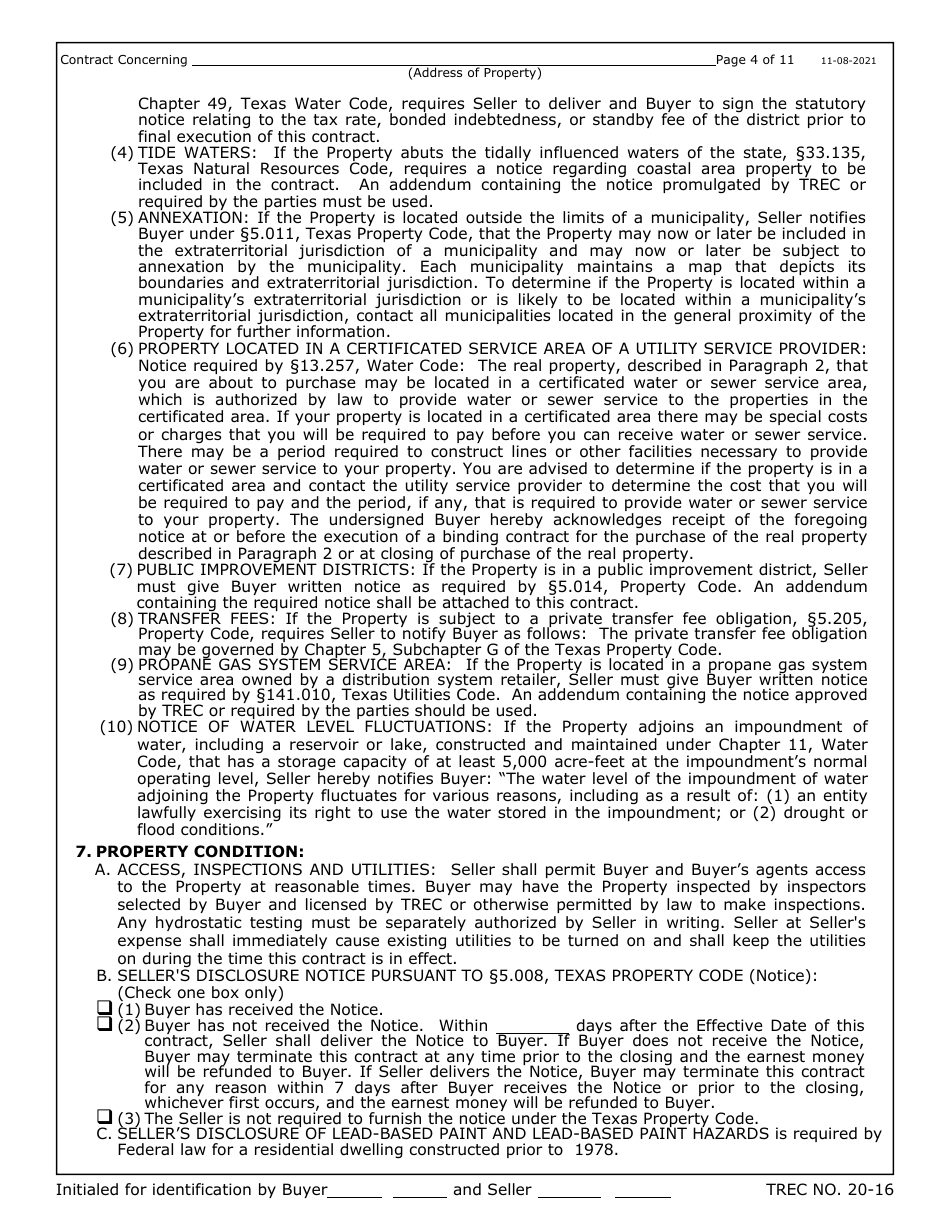 TREC Form 20-16 One to Four Family Residential Contract (Resale) - Texas, Page 4