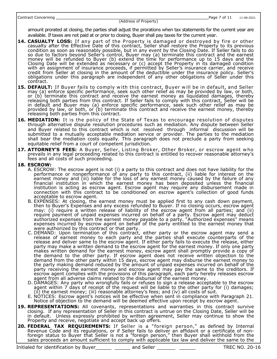TREC Form 20-16 One to Four Family Residential Contract (Resale) - Texas, Page 7