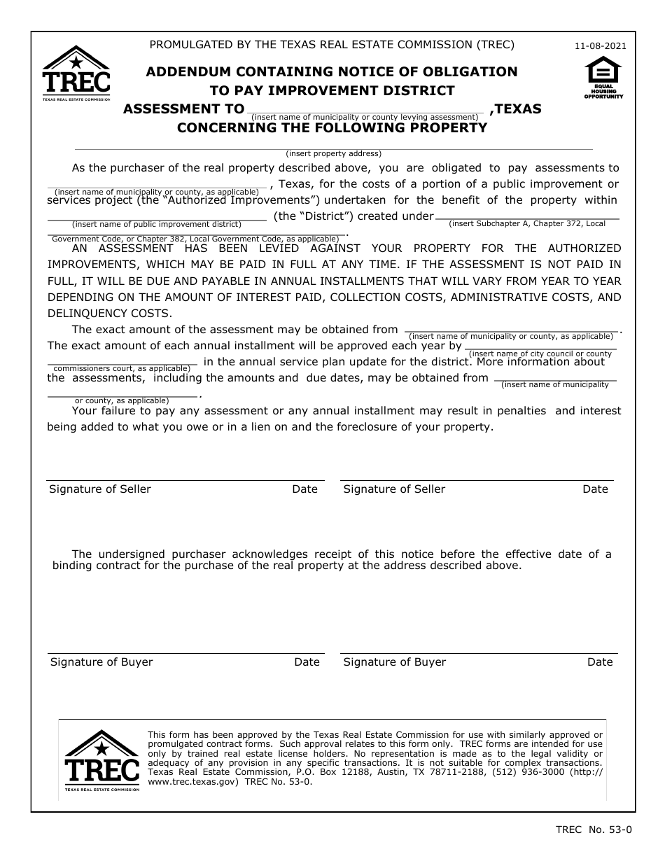 TREC Form 53-0 Addendum Containing Notice of Obligation to Pay Improvement District Assessment - Texas, Page 1