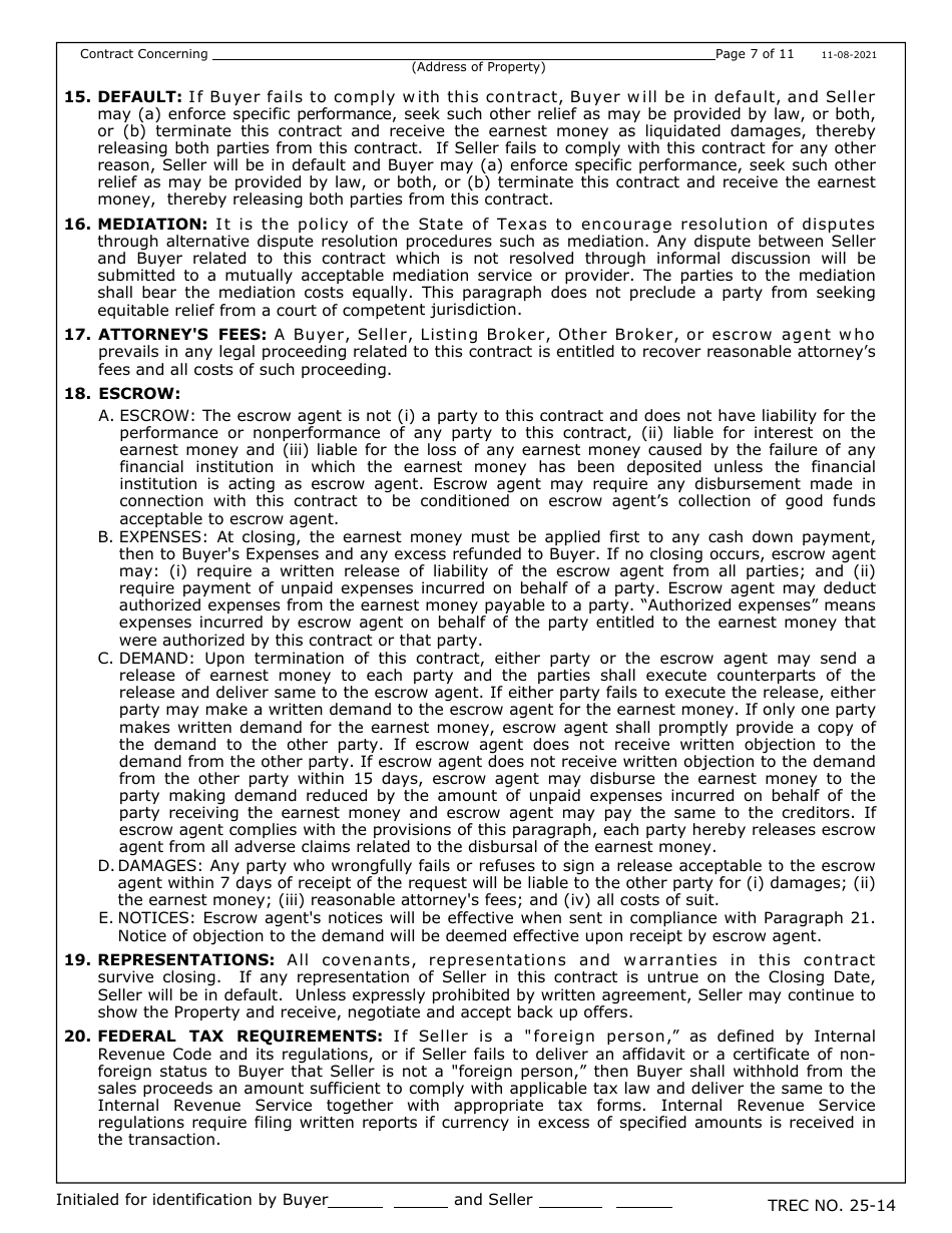 TREC Form 25-14 Farm and Ranch Contract - Texas, Page 7