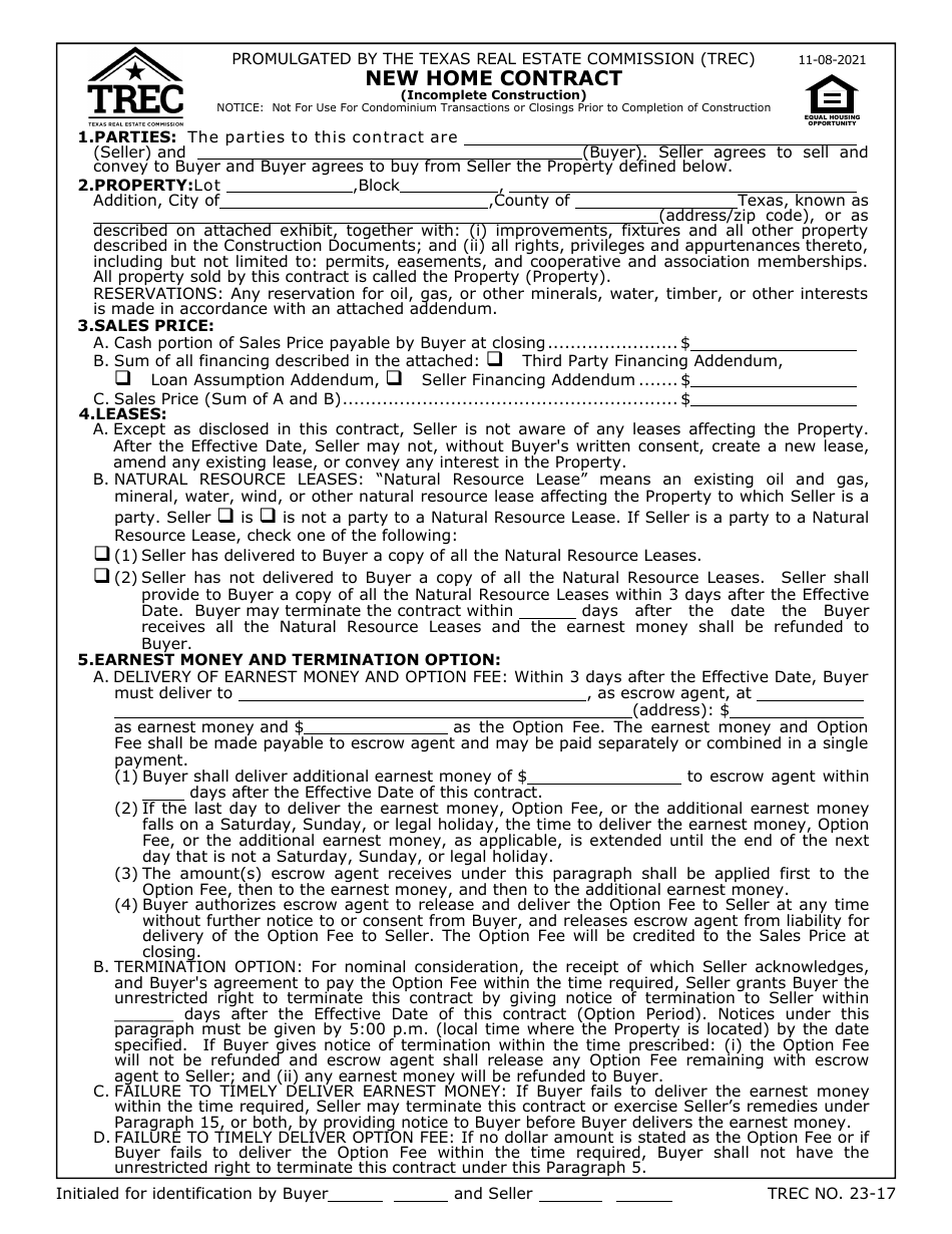 TREC Form 23-17 New Home Contract (Incomplete Construction) - Texas, Page 1