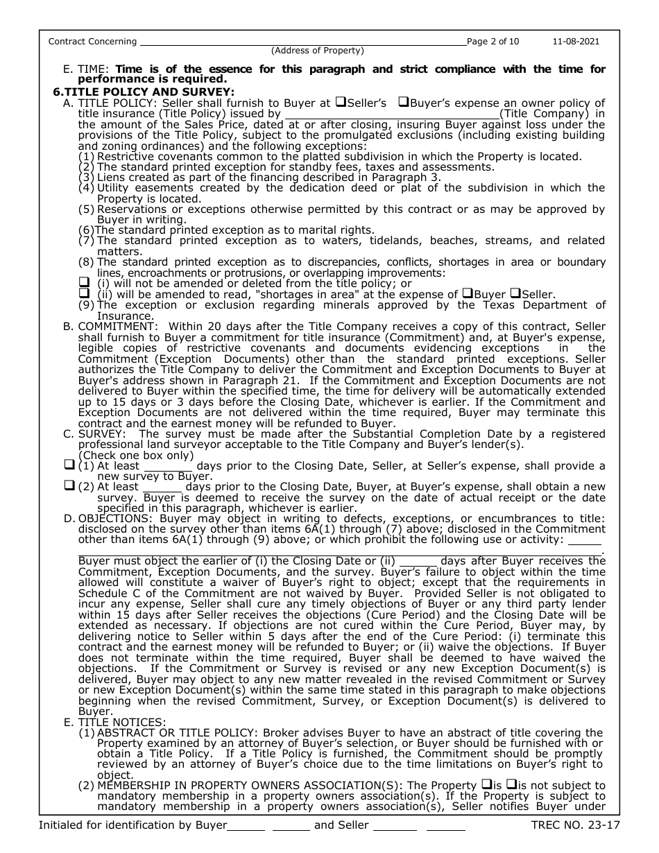 TREC Form 23-17 New Home Contract (Incomplete Construction) - Texas, Page 2