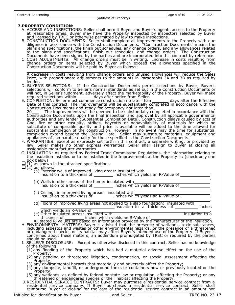 TREC Form 23-17 New Home Contract (Incomplete Construction) - Texas, Page 4
