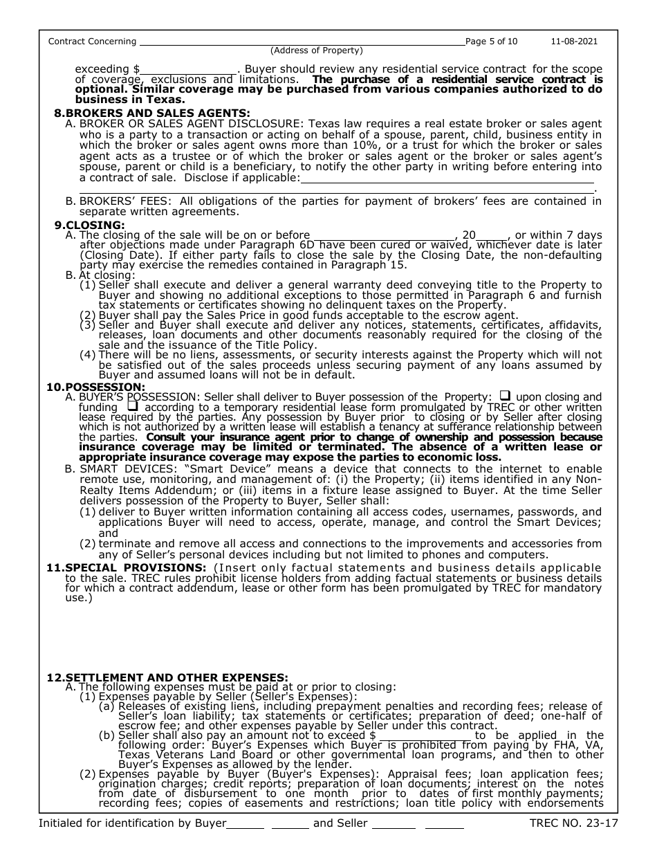 TREC Form 23-17 New Home Contract (Incomplete Construction) - Texas, Page 5