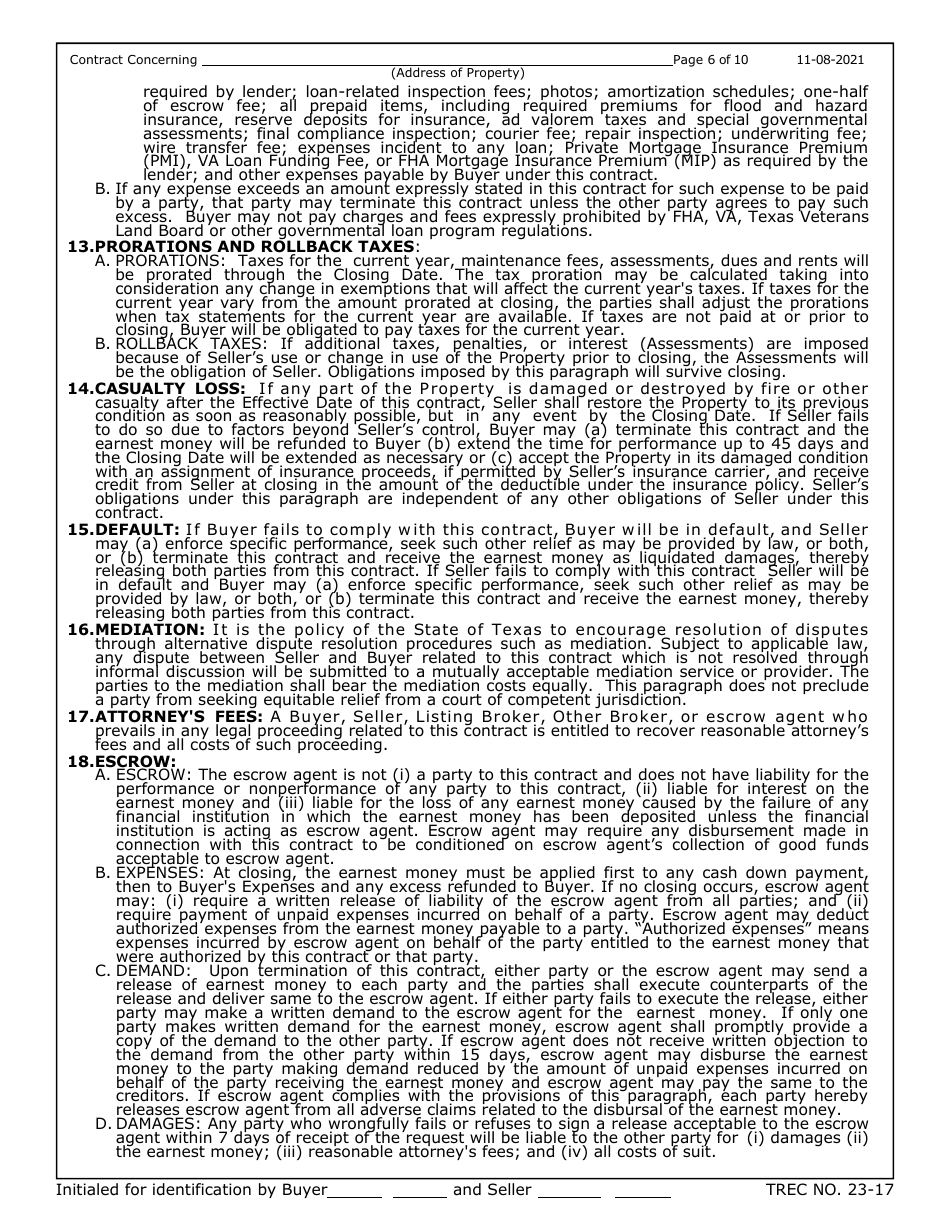 TREC Form 23-17 New Home Contract (Incomplete Construction) - Texas, Page 6