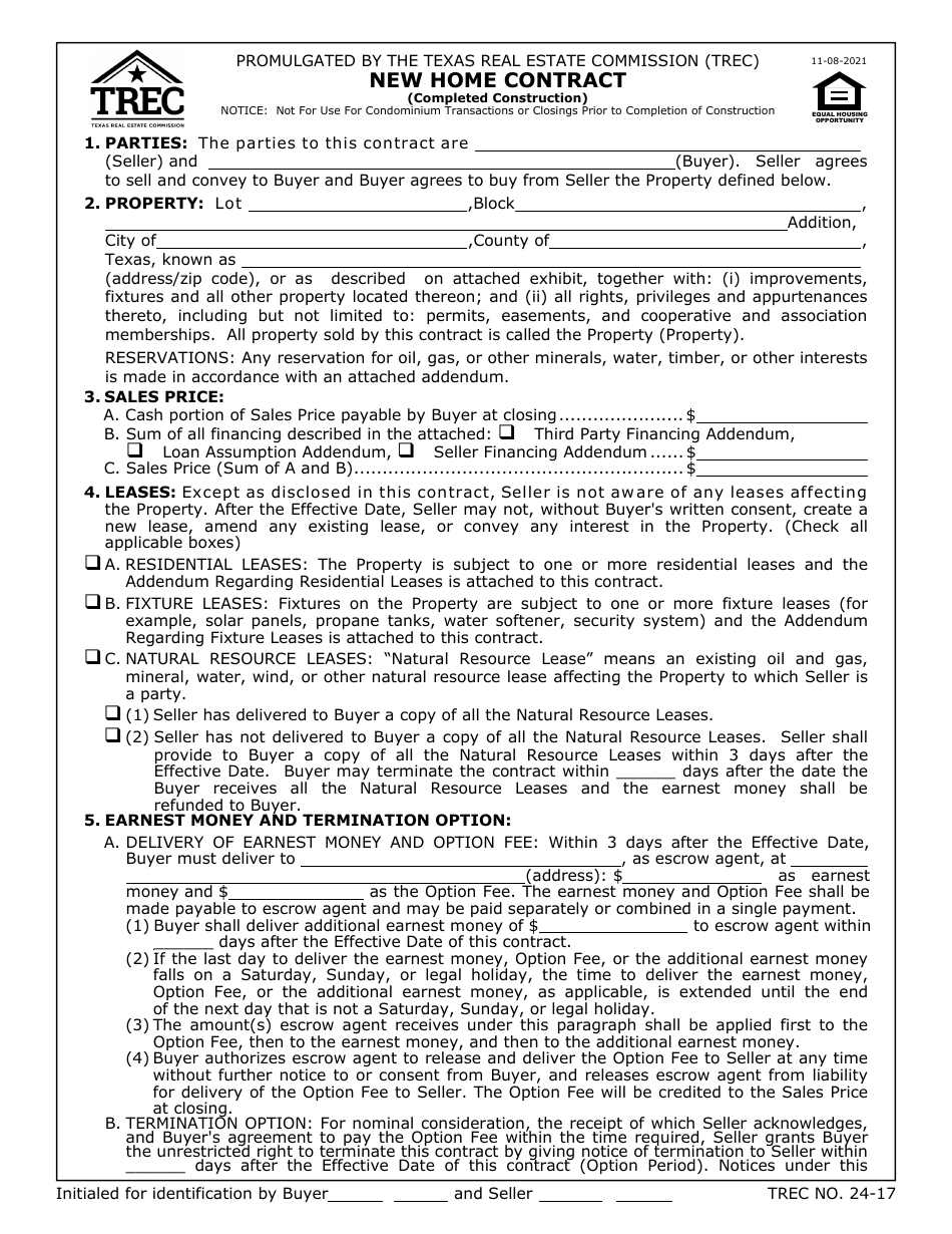 TREC Form 24-17 New Home Contract (Completed Construction) - Texas, Page 1