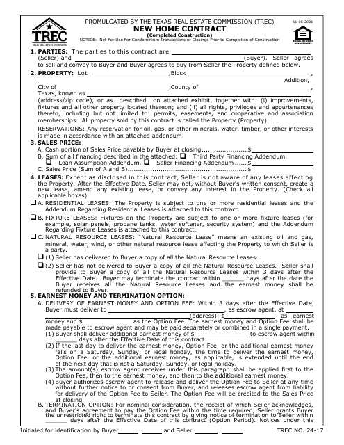 TREC Form 24-17 New Home Contract (Completed Construction) - Texas