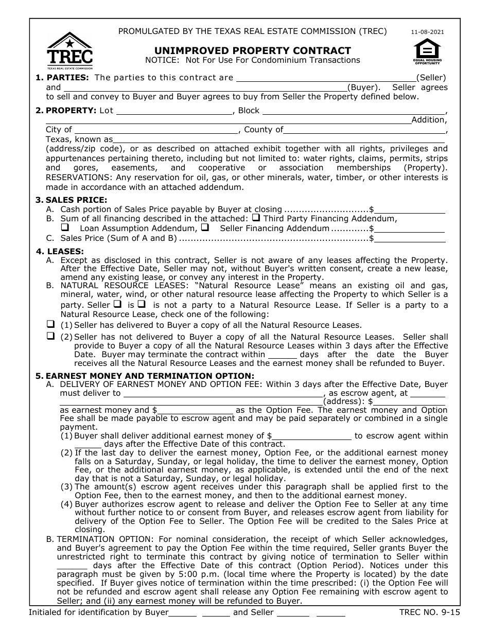 TREC Form 9-15 Unimproved Property Contract - Texas, Page 1
