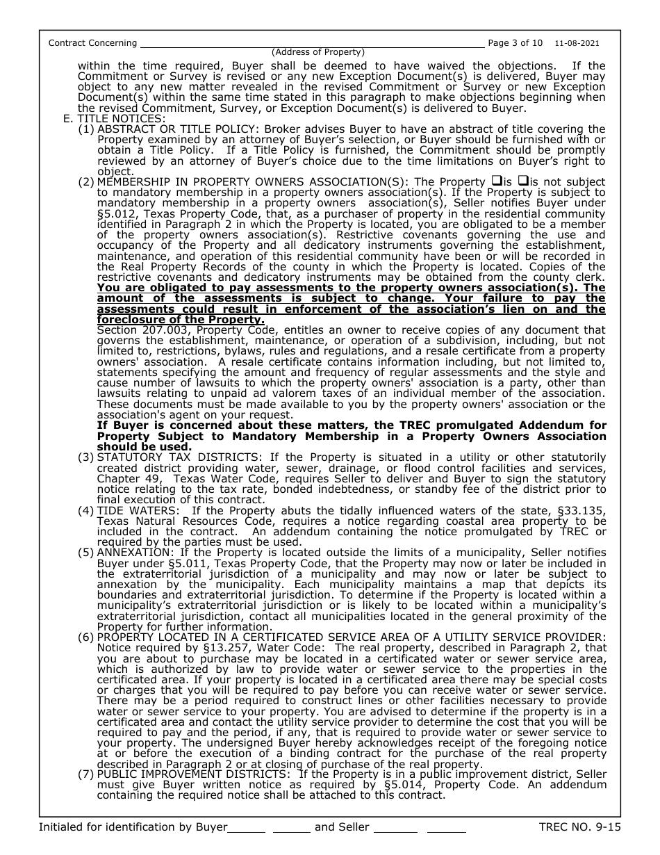TREC Form 9-15 Unimproved Property Contract - Texas, Page 3