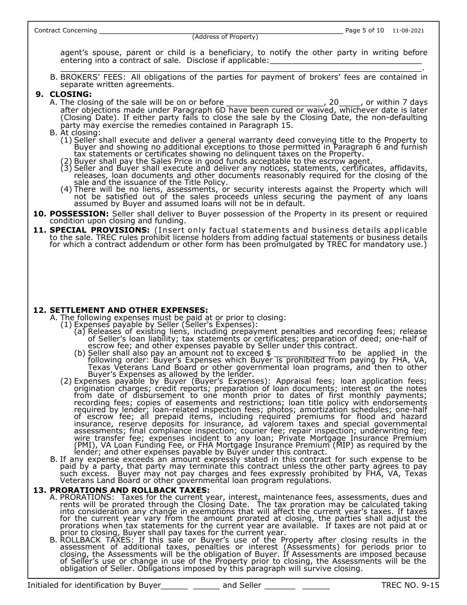 TREC Form 9-15 Unimproved Property Contract - Texas, Page 5