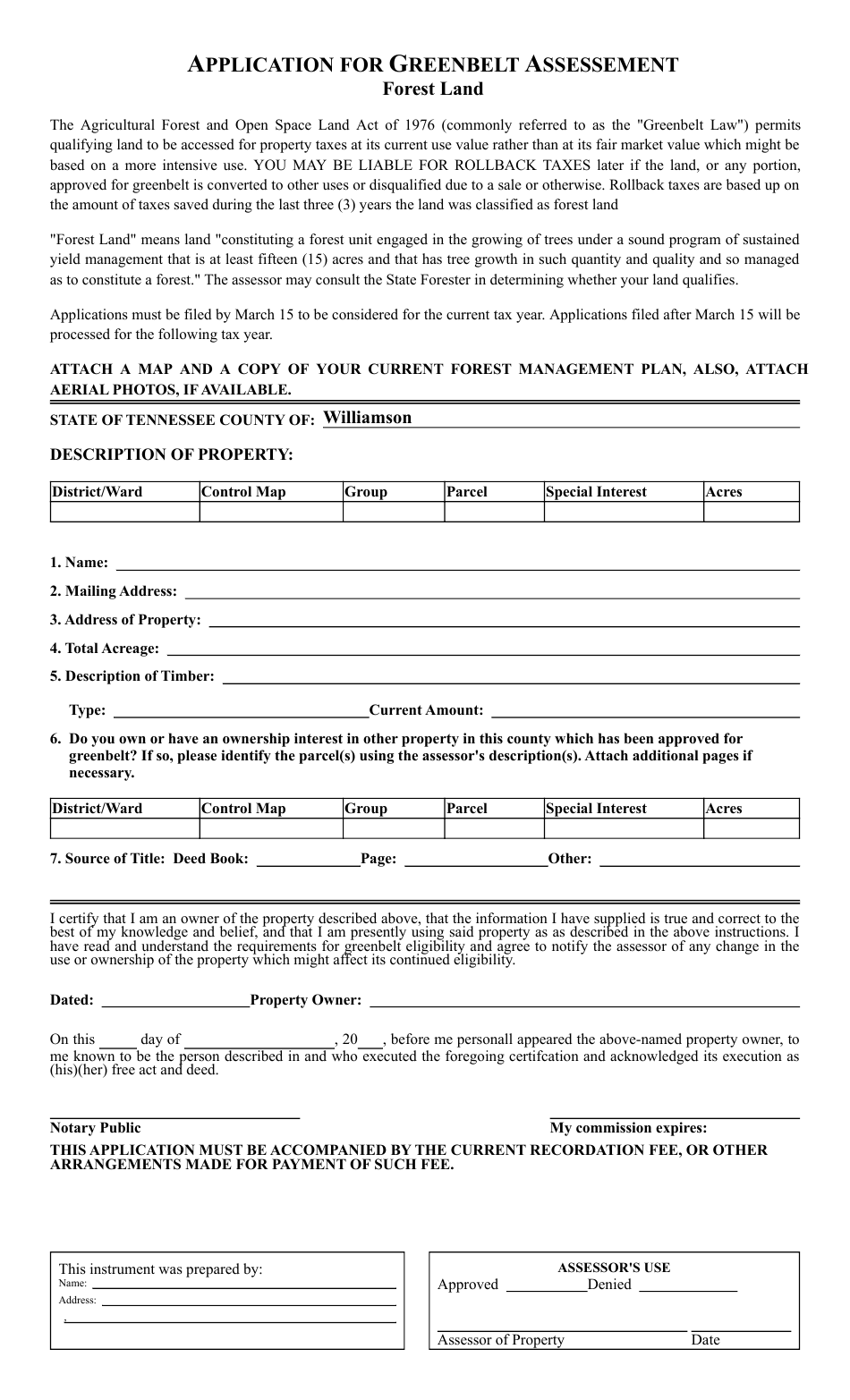 Tennessee Application for Greenbelt Assessement - Fill Out, Sign Online ...