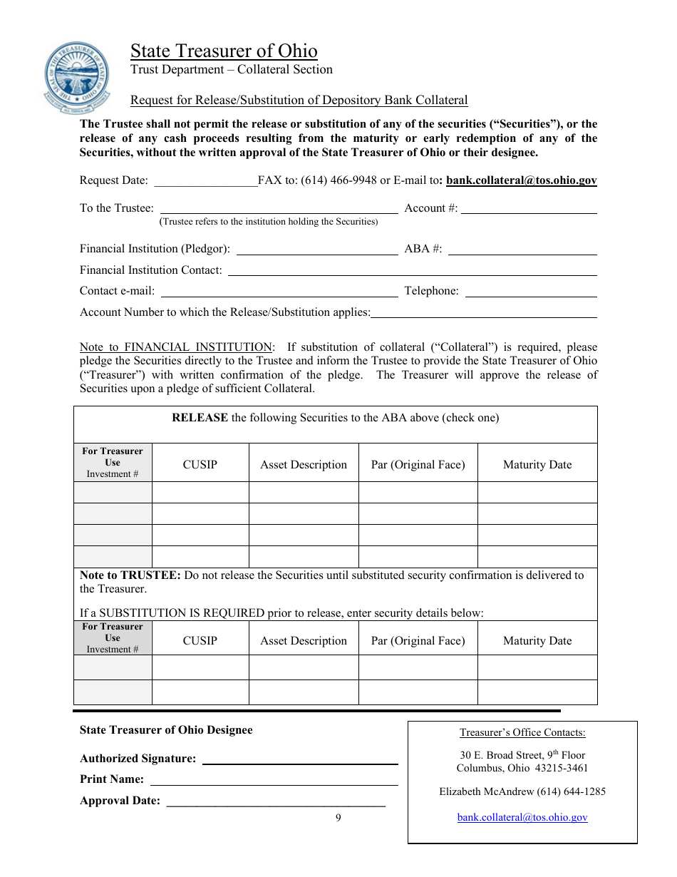 Trustee Agreement for Securities Pledged as Collateral to the State Treasurer of Ohio - Ohio, Page 9