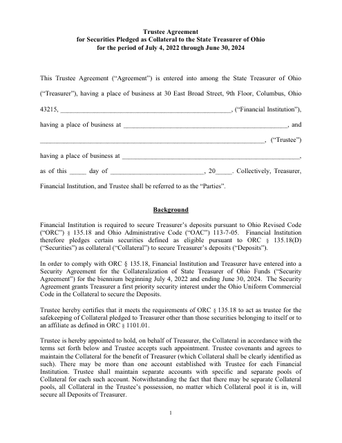 Trustee Agreement for Securities Pledged as Collateral to the State Treasurer of Ohio - Ohio, 2024