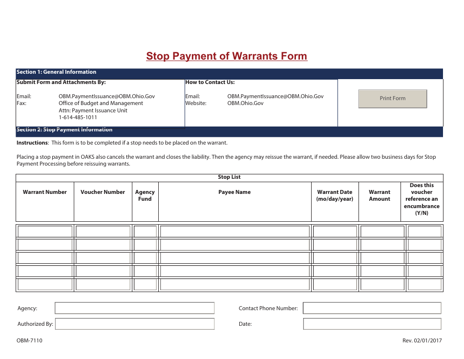 Form OBM-7110 Stop Payment of Warrants Form - Ohio, Page 1