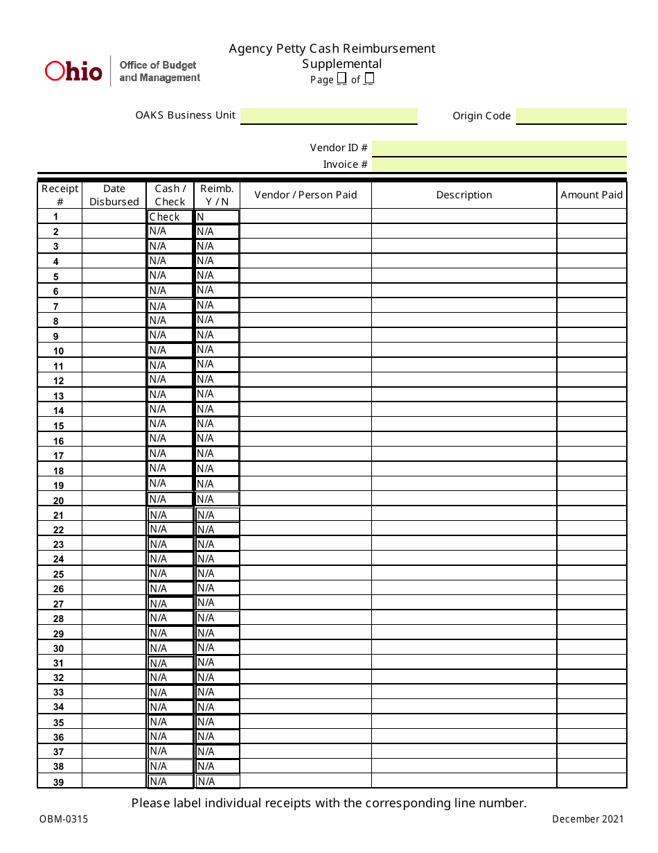 Form OBM-0315 Agency Petty Cash Reimbursement - Ohio, Page 3