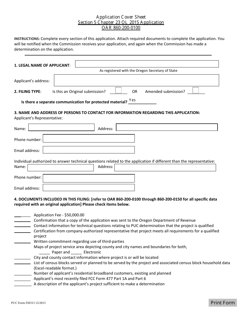 PUC Form FM515 Application Cover Sheet - Oregon, Page 1