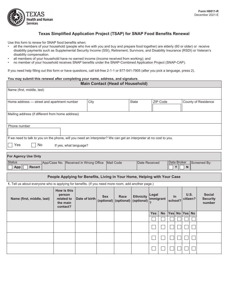 Form H0011-R Texas Simplified Application Project (Tsap) for Snap Food Benefits Renewal - Texas, Page 1