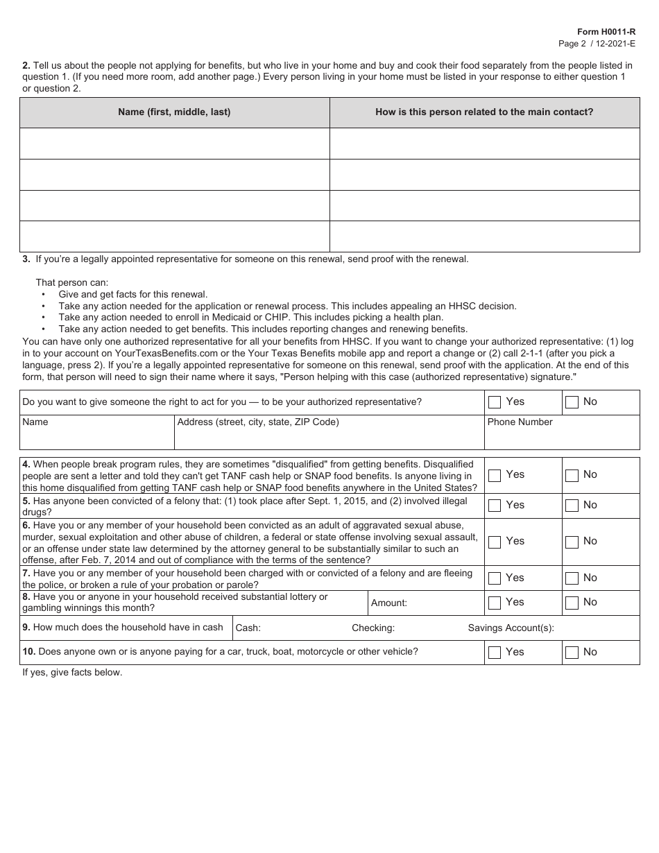Form H0011-R Texas Simplified Application Project (Tsap) for Snap Food Benefits Renewal - Texas, Page 2