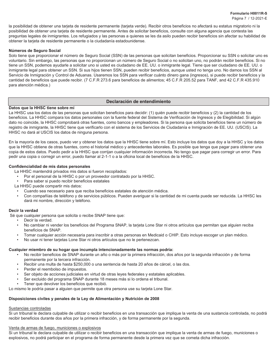 Formulario H0011R-S Proyecto De Solicitud Simplificada De Texas Para La Renovacion De Beneficios De Alimentos De Snap - Texas (Spanish), Page 7