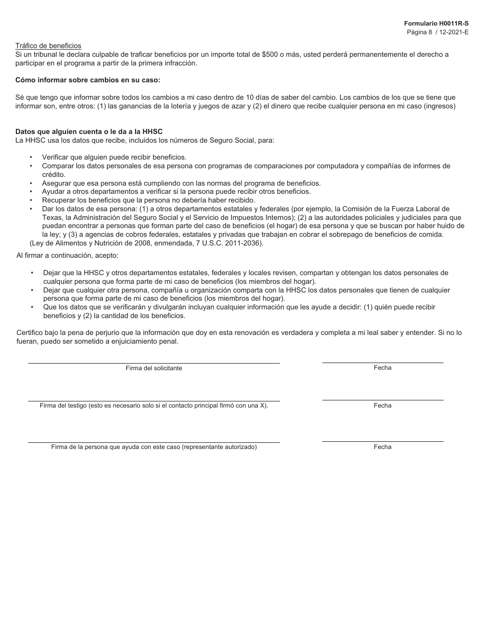 Formulario H0011R-S Proyecto De Solicitud Simplificada De Texas Para La Renovacion De Beneficios De Alimentos De Snap - Texas (Spanish), Page 8