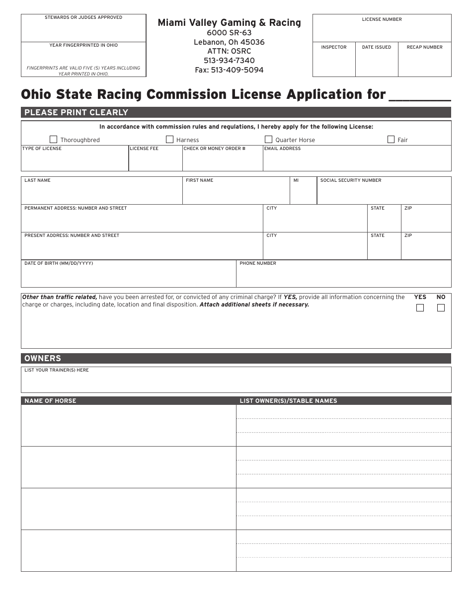 Form OSRC1000 Ohio State Racing Commission License Application - Miami Valley - Ohio, Page 1