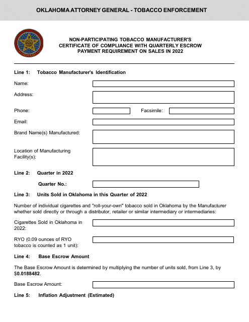 Non-participating Tobacco Manufacturer's Certificate of Compliance With Quarterly Escrow Payment Requirement on Sales - Oklahoma Download Pdf