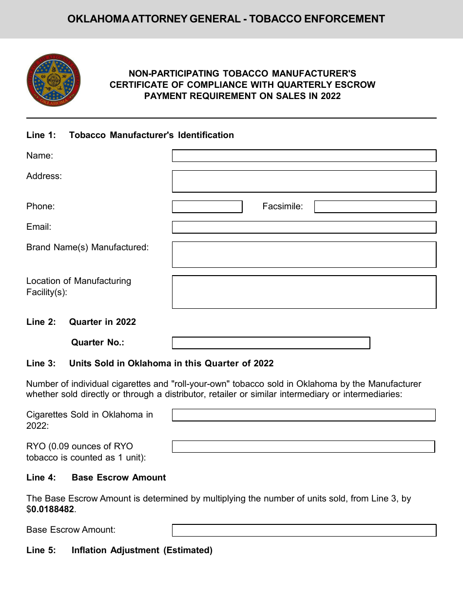 Non-participating Tobacco Manufacturers Certificate of Compliance With Quarterly Escrow Payment Requirement on Sales - Oklahoma, Page 1