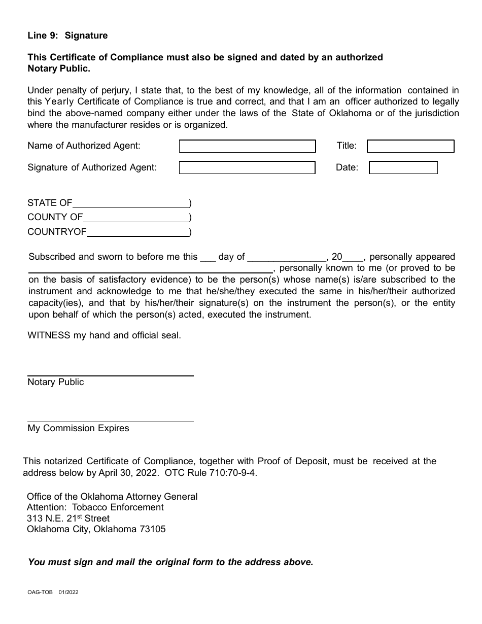 Non-participating Tobacco Manufacturers Certificate of Compliance With Yearly Escrow Payment Requirement on Sales - Oklahoma, Page 3