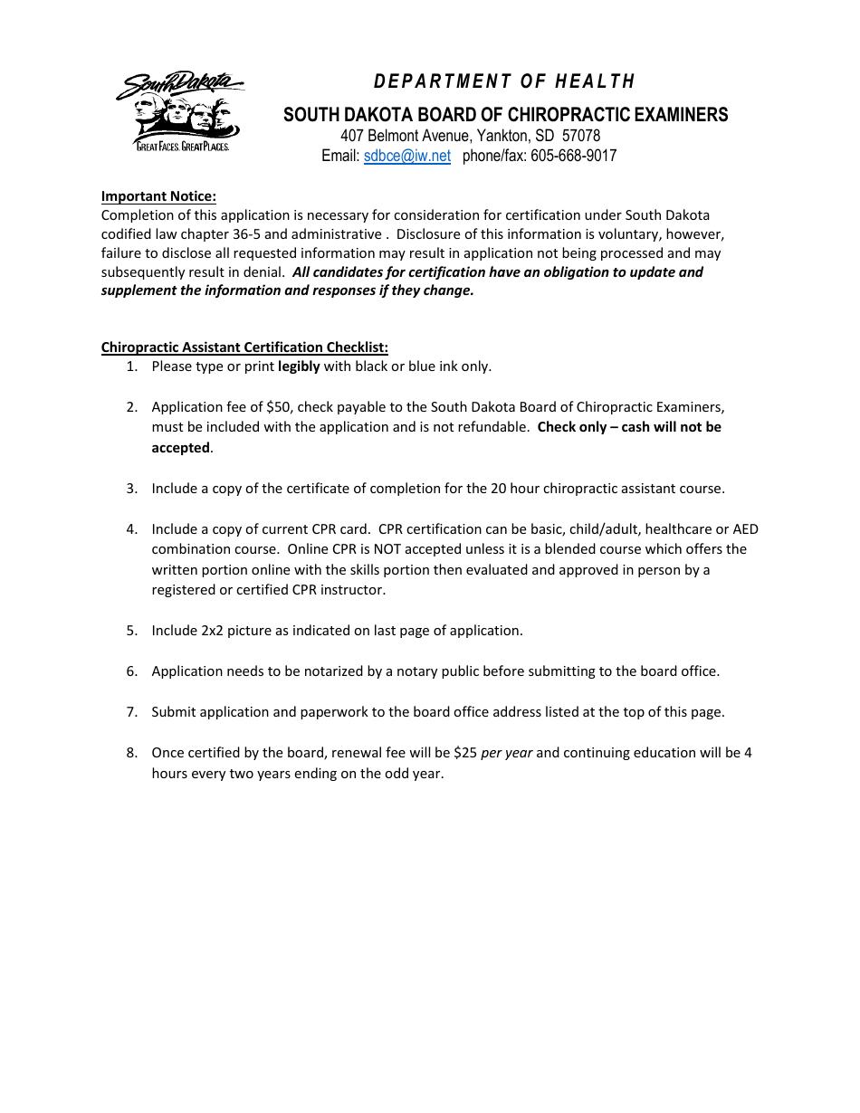Chiropractic Assistant License Application - South Dakota, Page 1