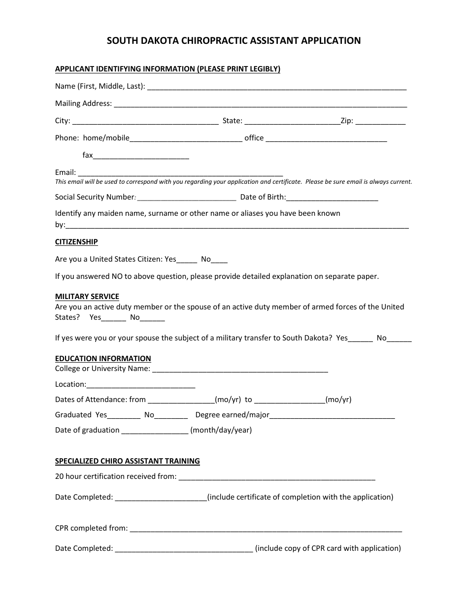 Chiropractic Assistant License Application - South Dakota, Page 2
