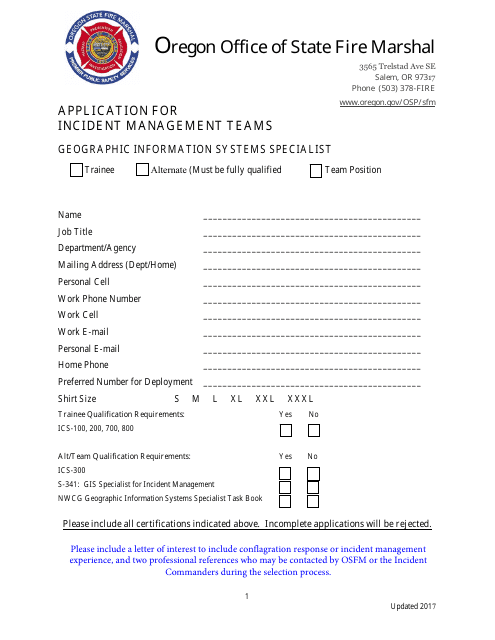 Application for Incident Management Teams - Geographic Information Systems Specialist - Oregon Download Pdf