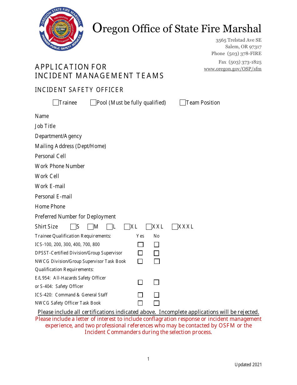 Application for Incident Management Teams - Incident Safety Officer - Oregon, Page 1