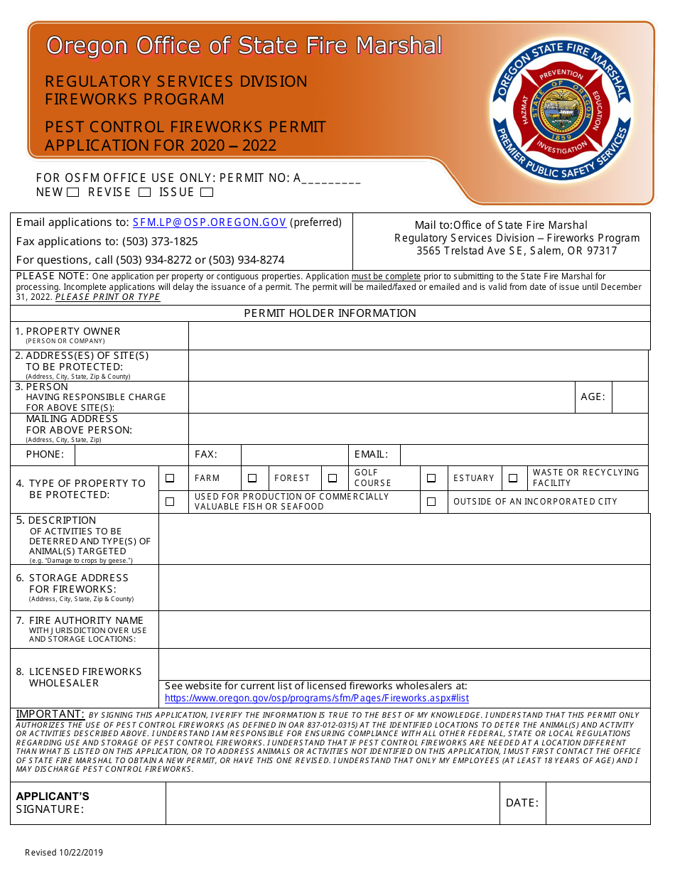 Pest Control Fireworks Permit Application - Oregon, Page 1