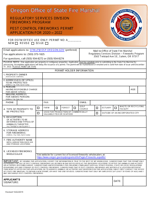 Pest Control Fireworks Permit Application - Oregon, 2022