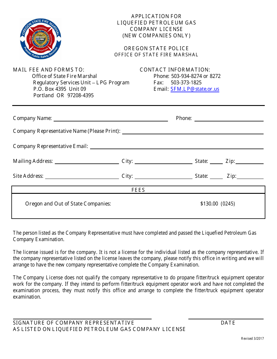 Application for Liquefied Petroleum Gas Company License (New Companies Only) - Oregon, Page 1