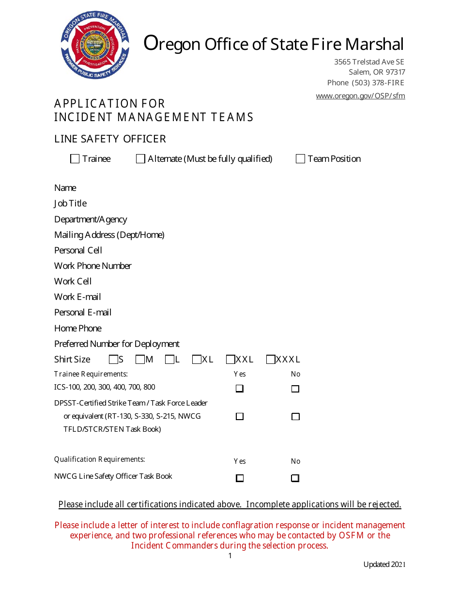 Application for Incident Management Teams - Line Safety Officer - Oregon, Page 1