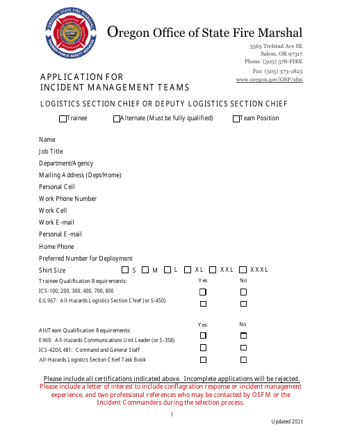 Application for Incident Management Teams - Logistics Section Chief or Deputy Logistics Section Chief - Oregon Download Pdf