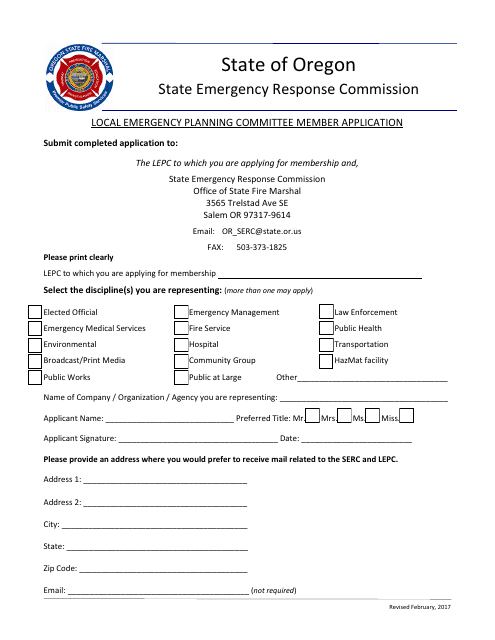 Local Emergency Planning Committee Member Application - Oregon Download Pdf