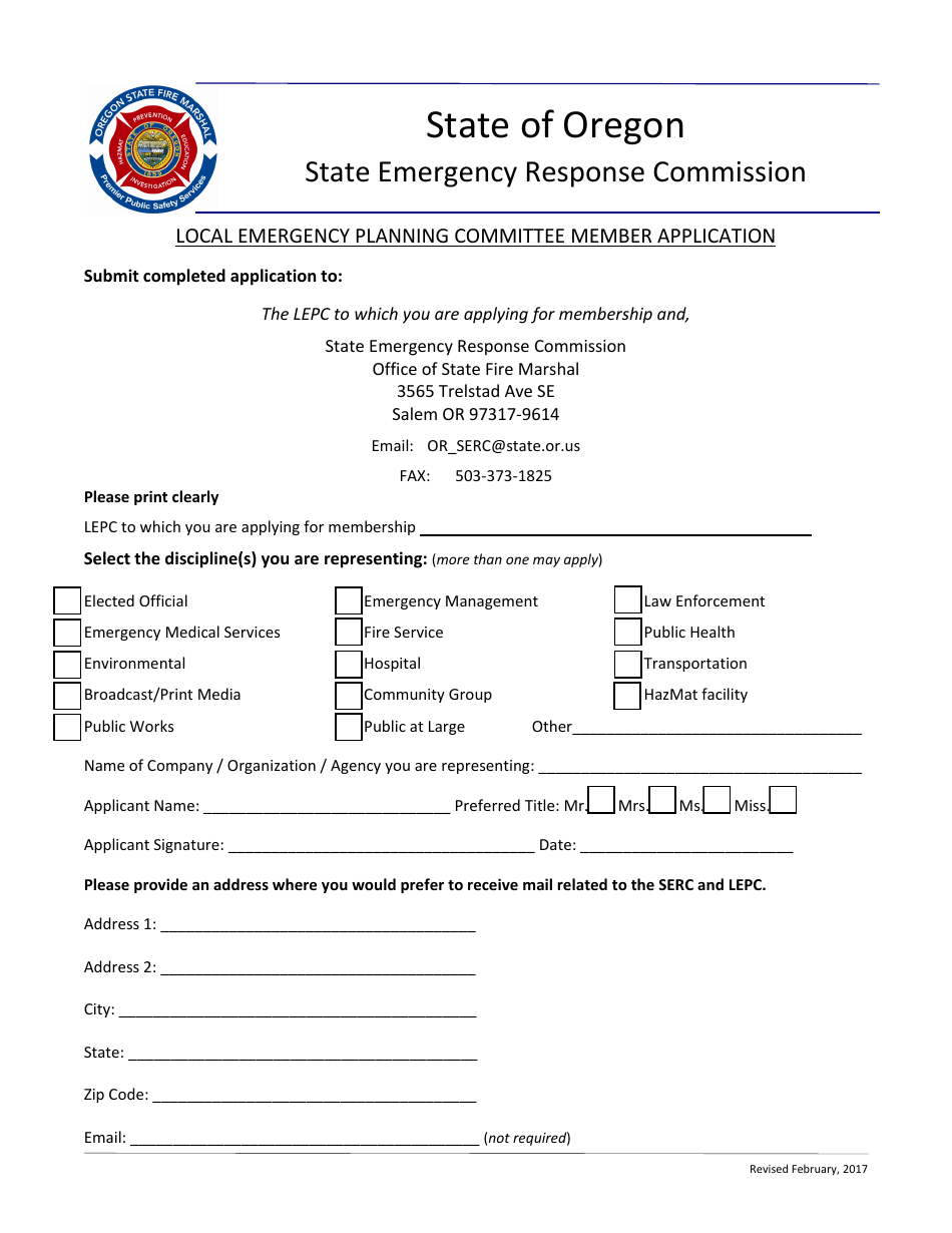 Local Emergency Planning Committee Member Application - Oregon, Page 1