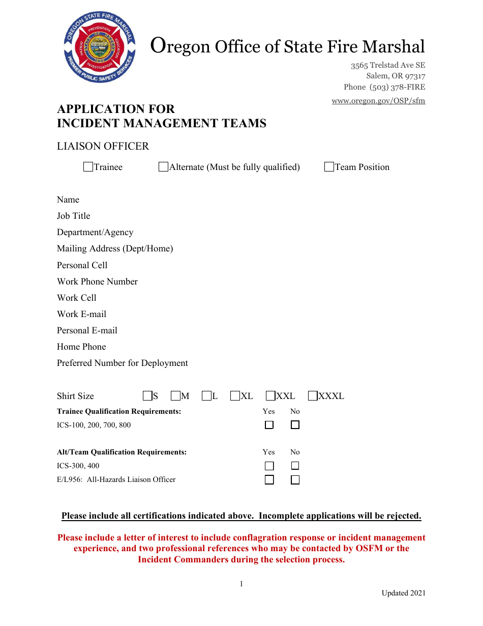 Application for Incident Management Teams - Liaison Officer - Oregon, Page 1