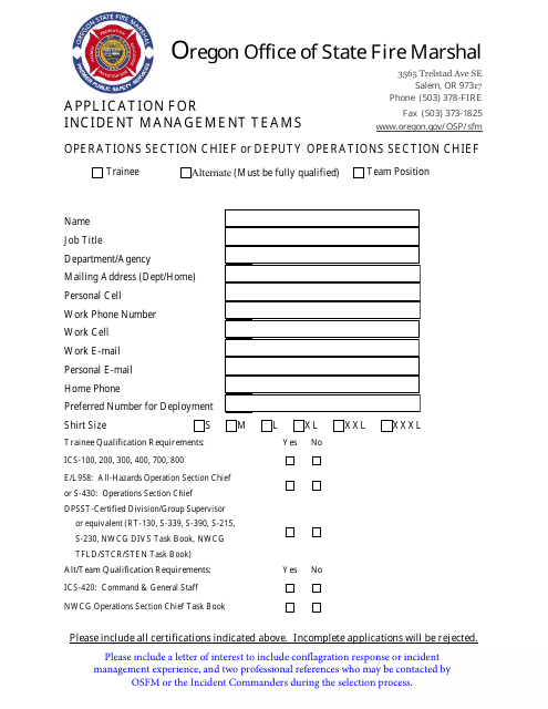 Application for Incident Management Teams - Operations Section Chief or Deputy Operations Section Chief - Oregon Download Pdf