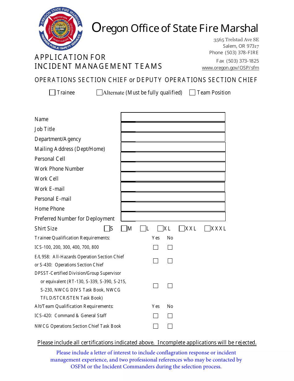 Application for Incident Management Teams - Operations Section Chief or Deputy Operations Section Chief - Oregon, Page 1