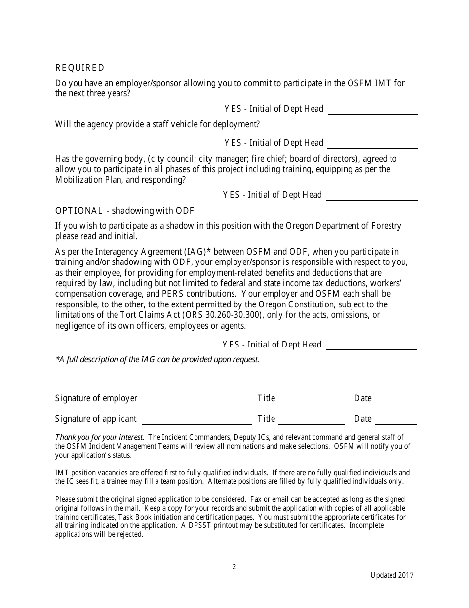 Application for Incident Management Teams - Operations Section Chief or Deputy Operations Section Chief - Oregon, Page 2