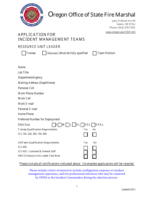 Application for Incident Management Teams - Resource Unit Leader - Oregon Download Pdf