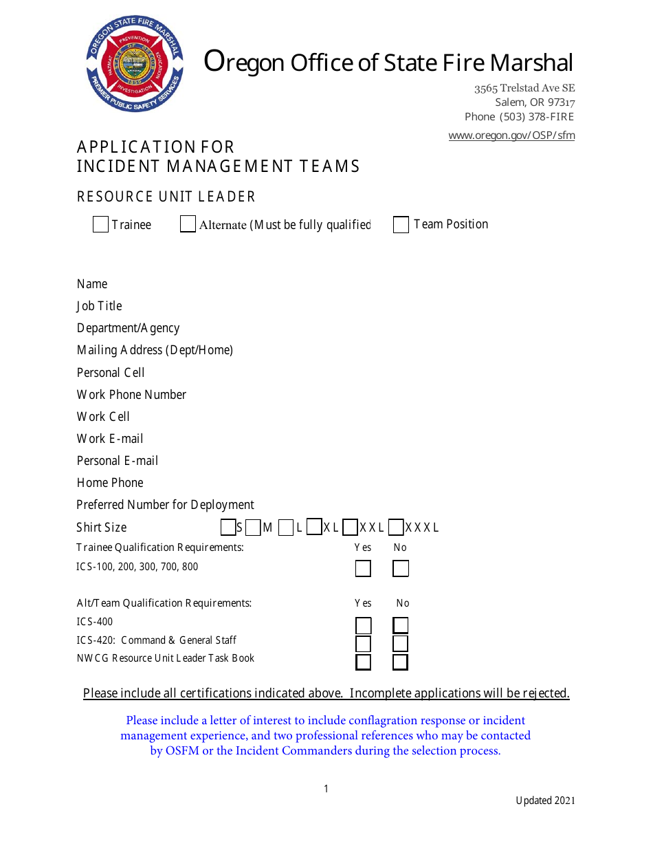 Application for Incident Management Teams - Resource Unit Leader - Oregon, Page 1